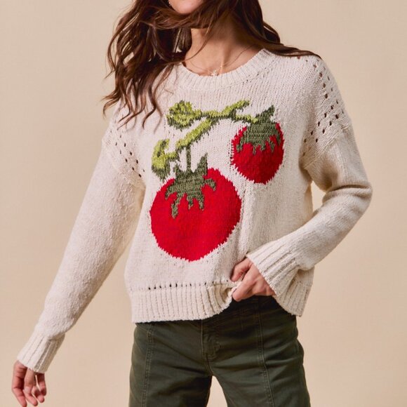 SO ME Tomato Graphic Knit Sweater Cream Red Green Garden Girl Cottagecore Y2K - Picture 7 of 10